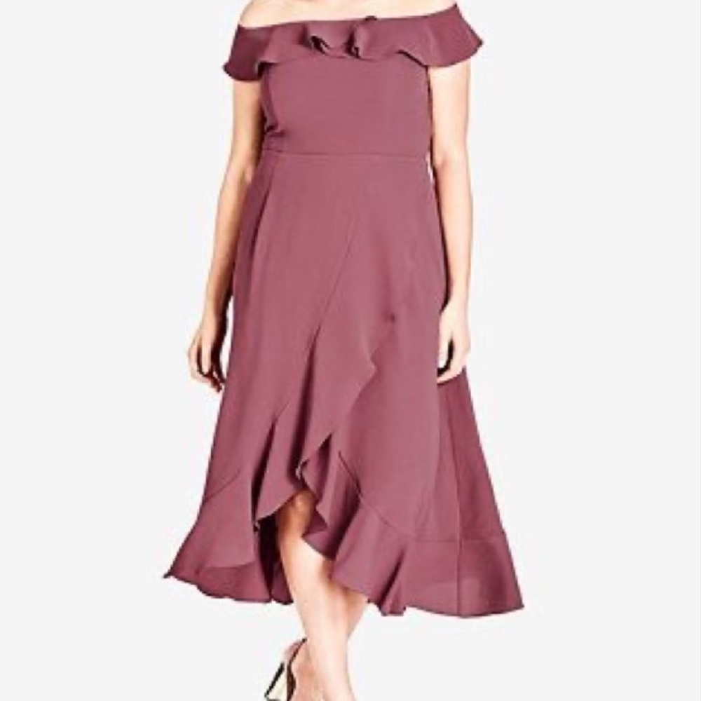 City Chic Dusty Rose Mauve Off Shoulder Ruffle High Low Midi Dress XL 22